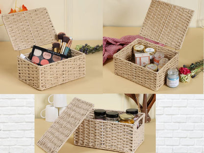 AKWAY wicker water hyacinth kauna grass bamboo cane Storage Basket with Lids Rectangular Handwoven Wicker Organizer Baskets Desktop Storage Box Rattan Container Desk Basket Bins(SET OF 3) - Akway