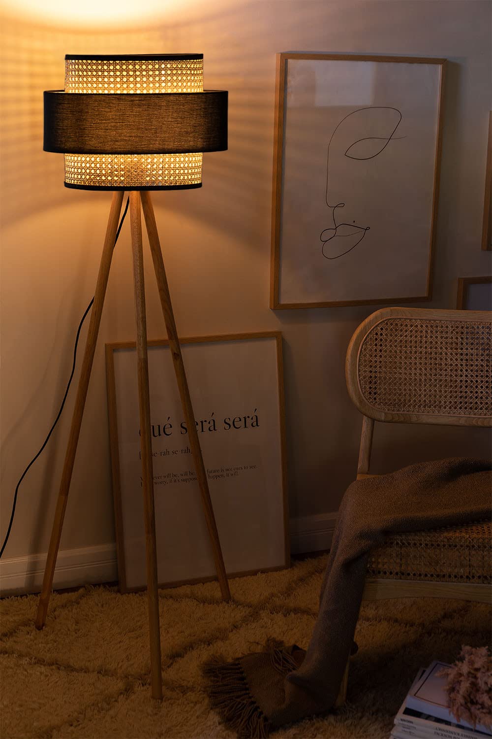 AKWAY Rattan Cane Webbing Floor Lamp Bamboo Floor Lamp Cane Floor Lamp Standing Lamp Wooden Standing lamp for Living Room Bedroom (14" D X 11") (Beige) - Akway