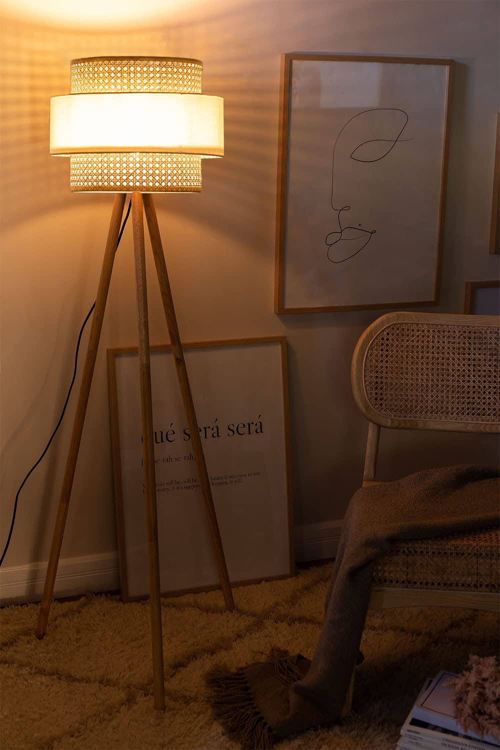 AKWAY Rattan Cane Webbing Floor Lamp Bamboo Floor Lamp Cane Floor Lamp Standing Lamp Wooden Standing lamp for Living Room Bedroom (14" D X 11") (Sky Blue) - Akway