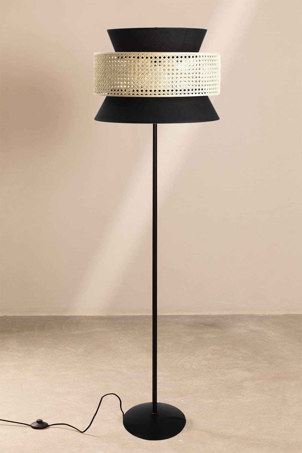 AKWAY Rattan Cane Webbing Floor Lamp Bamboo Floor Lamp Cane Floor Lamp Standing Lamp Wooden Standing lamp for Living Room Bedroom (14" D X 11") (Black Stand)(Cone Shaped) - Akway
