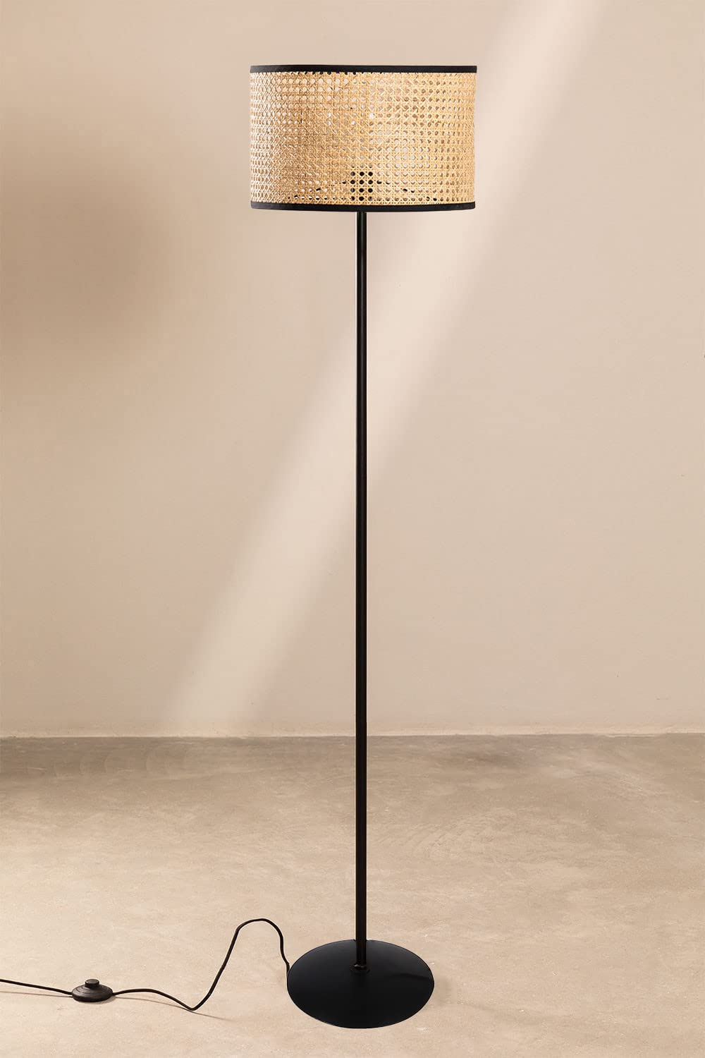 AKWAY Rattan Cane Webbing Floor Lamp Bamboo Floor Lamp Cane Floor Lamp Standing Lamp Wooden Standing lamp for Living Room Bedroom (14" D X 8") (Black Stand)(Eye Webbing) - Akway