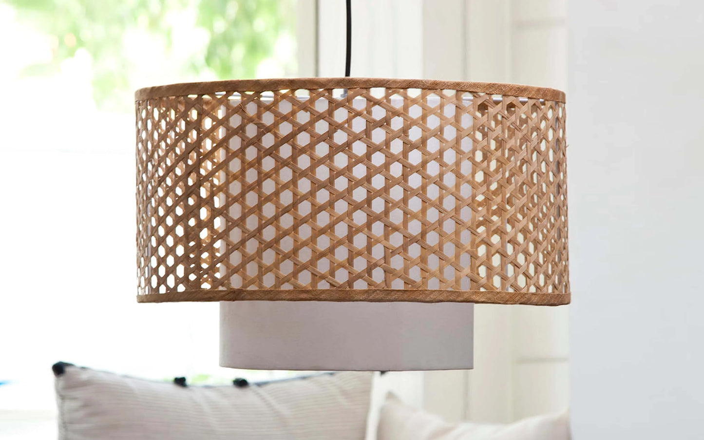 AKWAY Bamboo Lamp for Living Room Cane Pendant Light Rattan lamp for Hanging Bamboo Ceiling lamp for Home Decoration (Beige 14 Dia x 7) - Akway