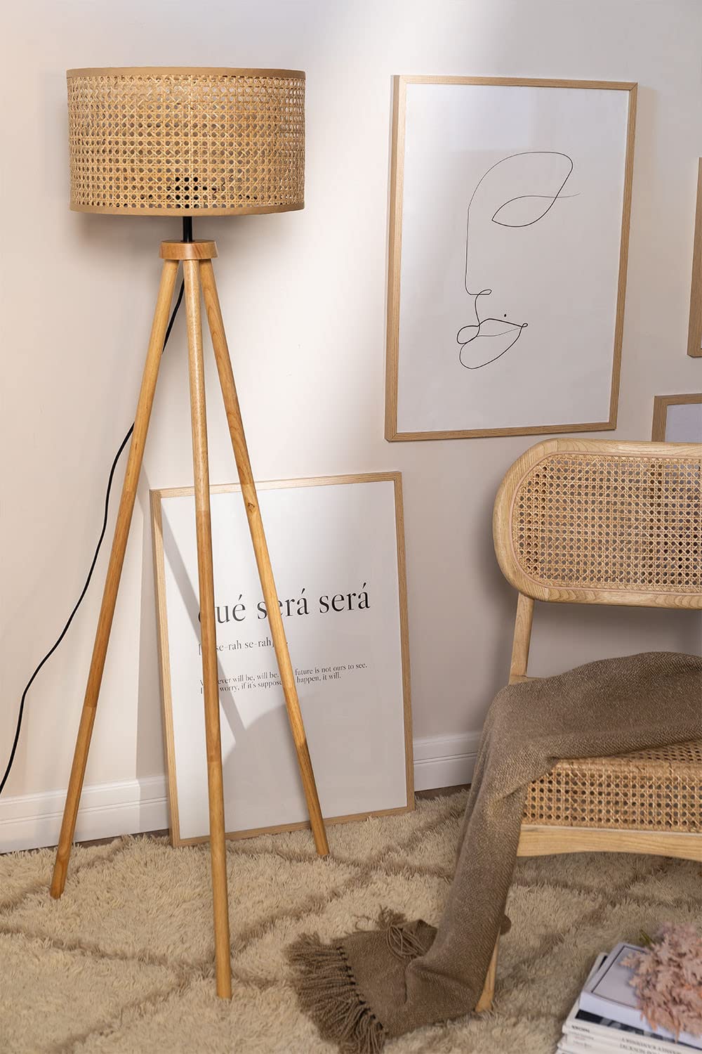 Rattan Webbing wooden Tripod Floor Lamp for Living Room | Cane webbing standing lamp for Bedroom - Harry Lewis - Akway