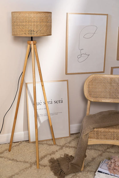 Rattan Webbing wooden Tripod Floor Lamp for Living Room | Cane webbing standing lamp for Bedroom - Harry Lewis - Akway