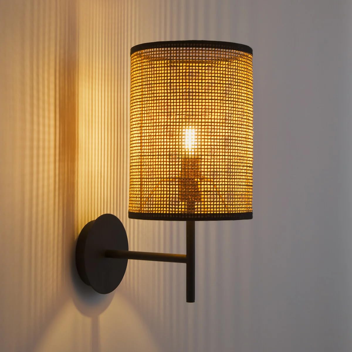 AKWAY Bamboo Wall Lamps for Living Rooms | Rattan and Cane Webbing Wall Lamps for Bedroom | Wicker Wall Lamps for Home Decoration Single Webbing(Bulb not Included) (15 x 15 CM)(Black) - Akway