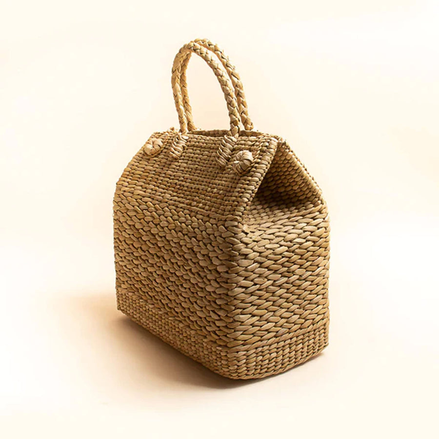 AKWAY Water Reed/Seagrass Storage Basket Picnic Bag - Dry Grass Natural Cane Lunch Bag with Handle, Water Hyacinth Tote for F