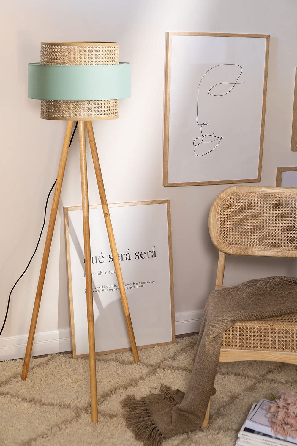 AKWAY Rattan Cane Webbing Floor Lamp Bamboo Floor Lamp Cane Floor Lamp Standing Lamp Wooden Standing lamp for Living Room Bedroom (14" D X 11") (Sky Blue) - Akway