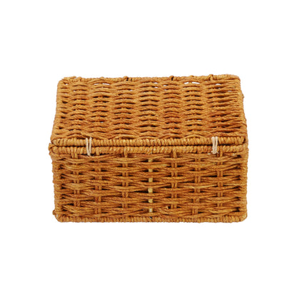 AKWAY wicker water hyacinth kauna grass bamboo cane Storage Basket with Lids Rectangular Handwoven Wicker Organizer Baskets Desktop Storage Box Rattan Container Desk Basket(Brown)(8.5"L X 6"W X 3.5"H)- Akway