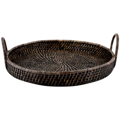 AKWAY Wicker Serving Tray Wooden Serving Tray for Home | Dining Table Decorative Trays | Serving Tray for Party Guests | Rectangle Platter with Handles Diwali or Deepawali Gifts (Antique Black) - Akway