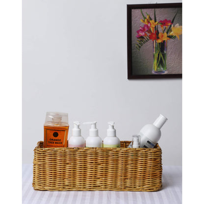 AKWAY Handmade Basket Bathroom Vanity Tray, Kitchen Counter top Storage Shelf Coffee Table Decorative Tray Cosmetic Organizer Display Holder (14 L x 4.5 W x 4.5 H), Rectangular, Rattan & Wicker - Akway