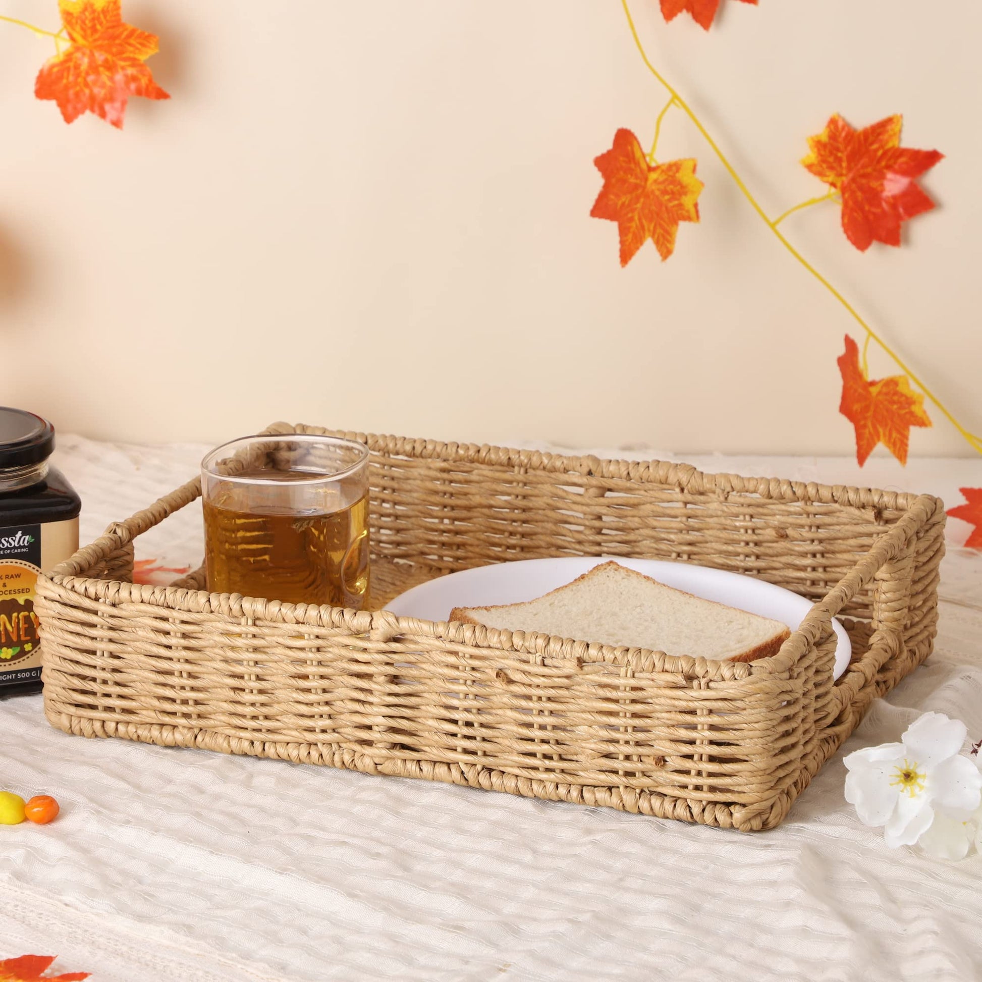 AKWAY Wicker Seagrass Water Hyacinth Kauna Grass Serving Tray Serving Tray for Home | Dining Table Decorative Trays | Serving Tray | Platter with Handles Diwali or Deepawali Gifts | 11" x 8" x 3" - Akway
