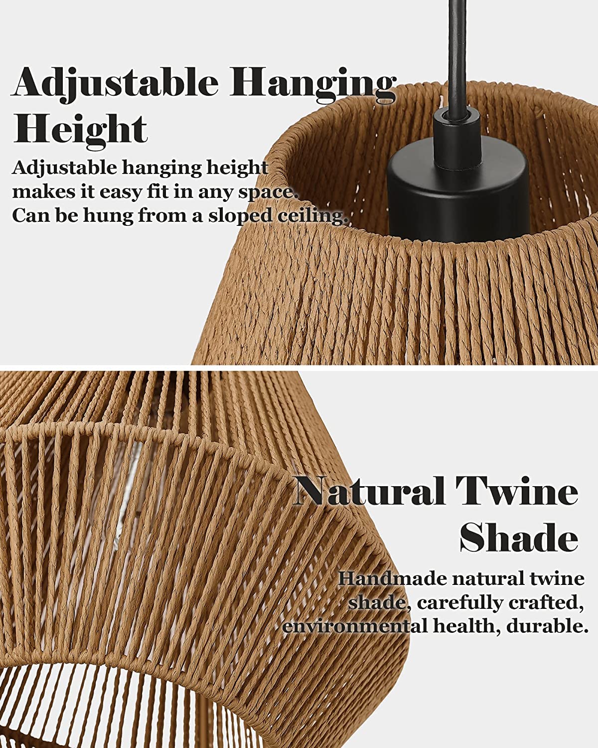 AKWAY Rattan Seagrass Paper Raffia Kauna Grass Wicker Lamp Premium Ceiling Light/Pendant Light Handwoven - 1 Piece (7.5" D x 9'H) (Beige) (Bulb not Included) - Akway