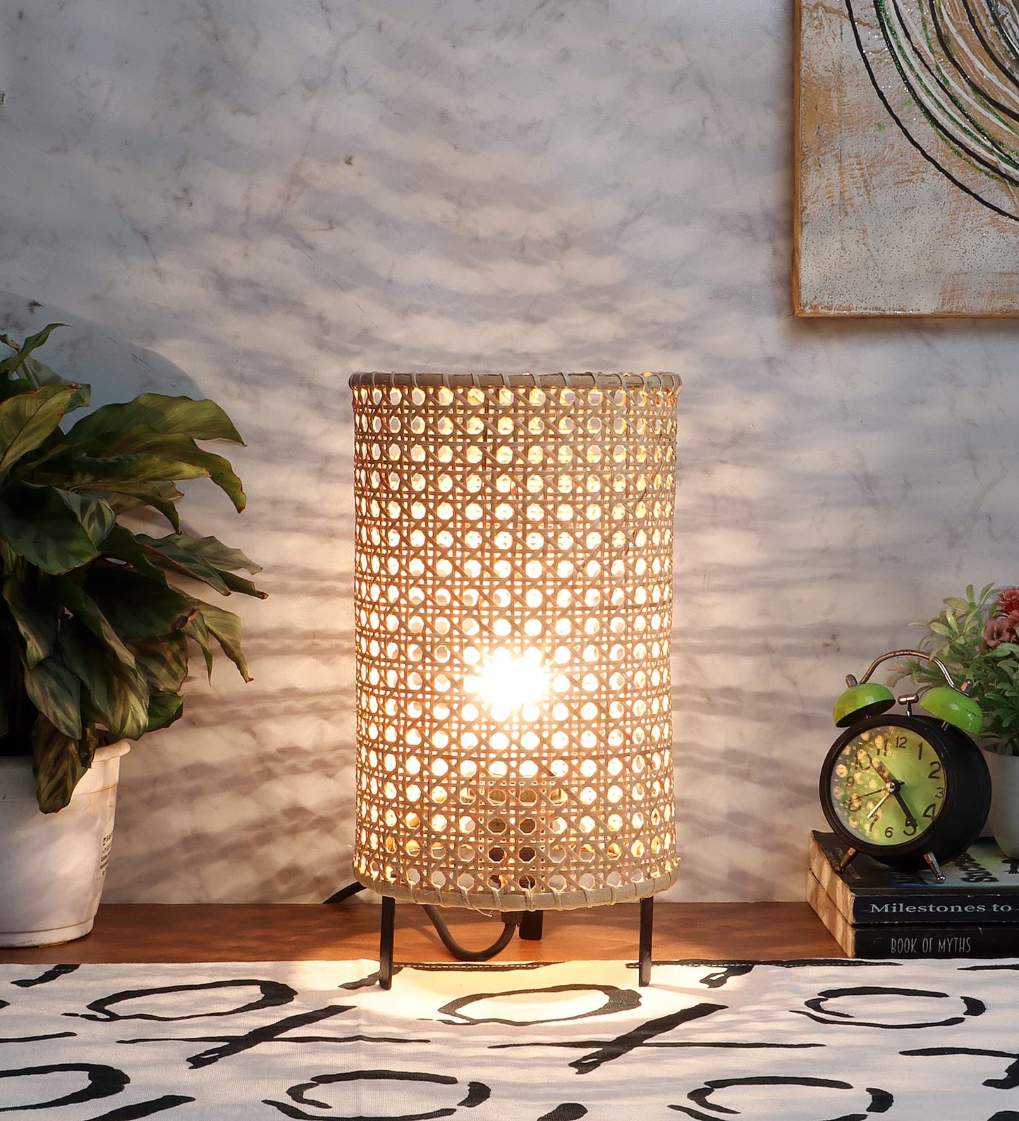 AKWAY Handmade Rattan Cane Webbing Wicker Table Lamp, Beside Table Lamps, Study Table Lamps, Side Lamps for Home, Living Room, Bedroom Bedside, Hall | (5" x8") - Akway
