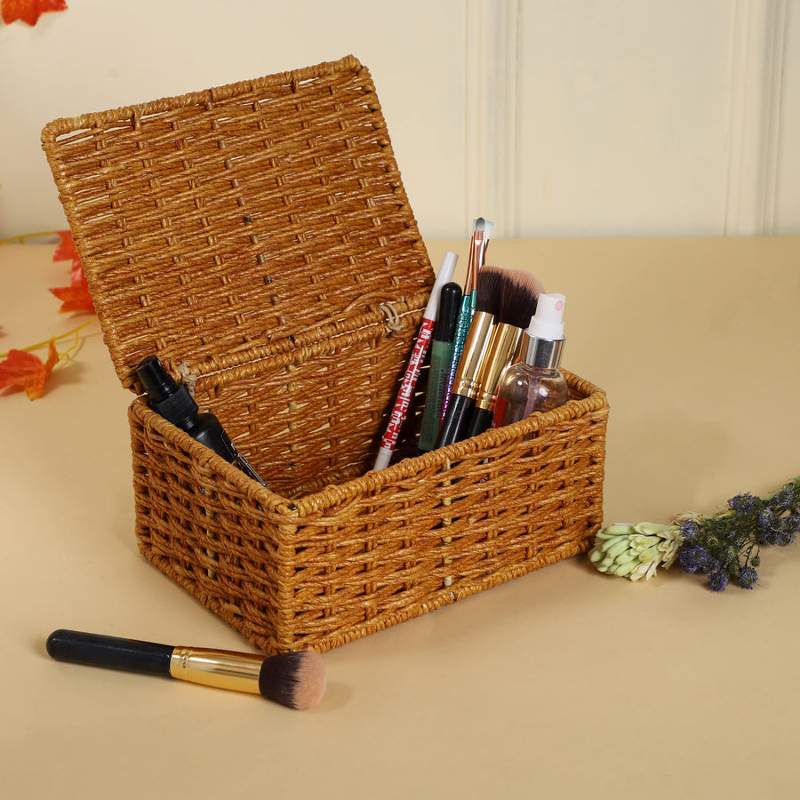 AKWAY wicker water hyacinth kauna grass bamboo cane Storage Basket with Lids Rectangular Handwoven Wicker Organizer Baskets Desktop Storage Box Rattan Container Desk Basket Bins(Brown)(SET OF 3) - Akway