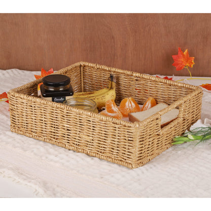 AKWAY wicker seagrass kauna grass water hyacinth rattan cane storage basket - (Beige) (12"L X 8"W X 4"H,Pack of 1) - Akway