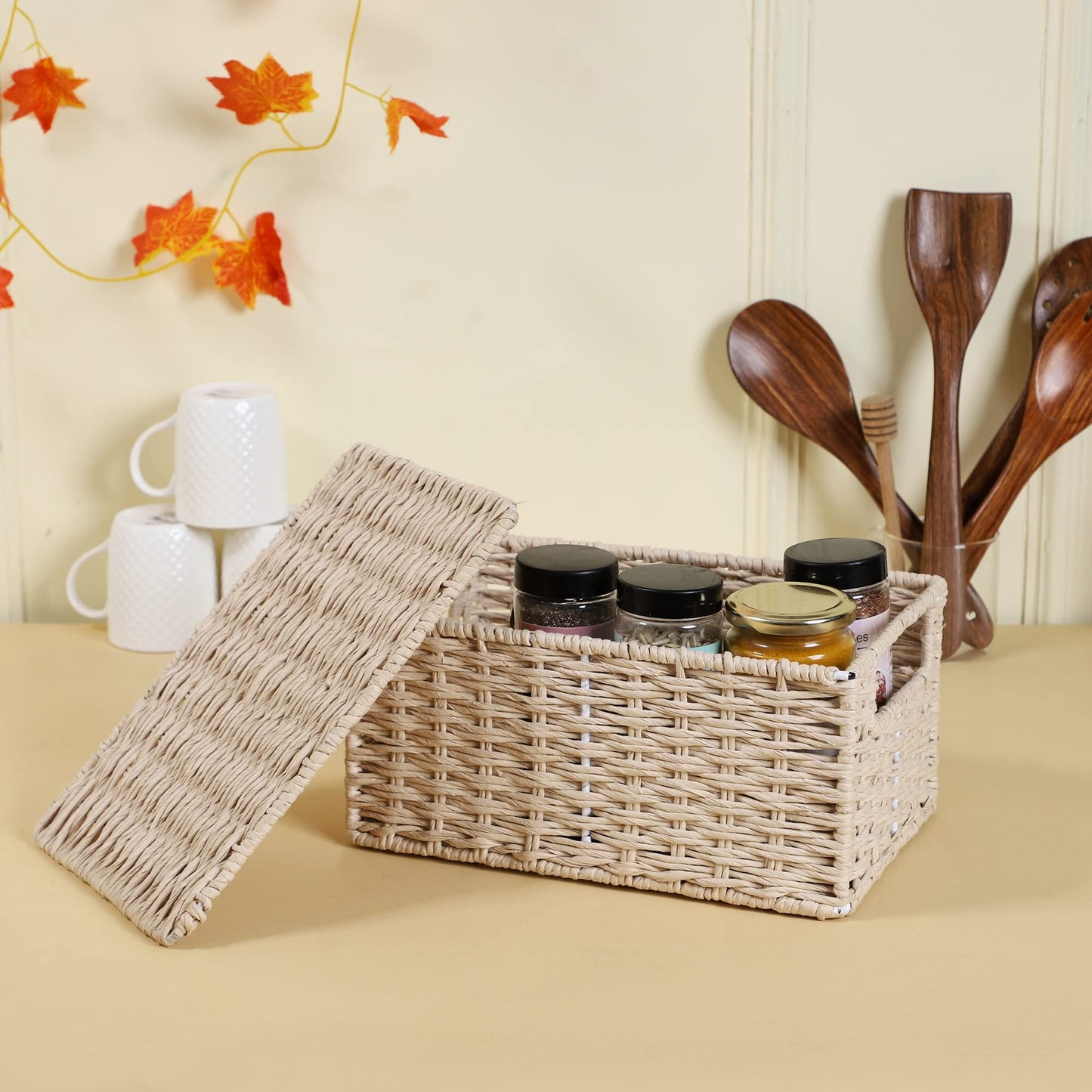 AKWAY wicker water hyacinth kauna grass bamboo cane Storage Basket with Lids Rectangular Handwoven Wicker Organizer Baskets Desktop Storage Box Rattan Container Desk Basket Bins(10"L x 8"W x 4"H) - Akway