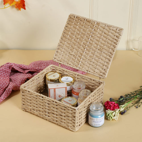 Seagrass Storage Basket with Lid 10x8x4 Inch for Home - Ishani