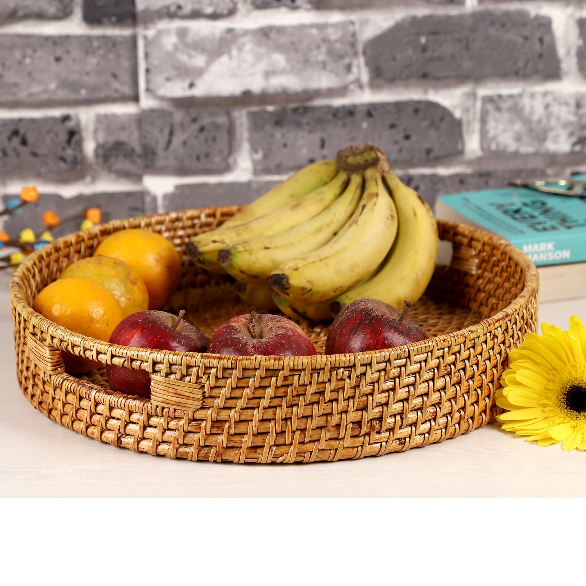 AKWAY Round Wicker Basket | Round Tray Wooden Serving Tray for Home | Serving Tray for Party Guests | Round Platter with Handles Diwali or Deepawali Gifts (15W x 15 L x 3H inch) (Brown) - Akway