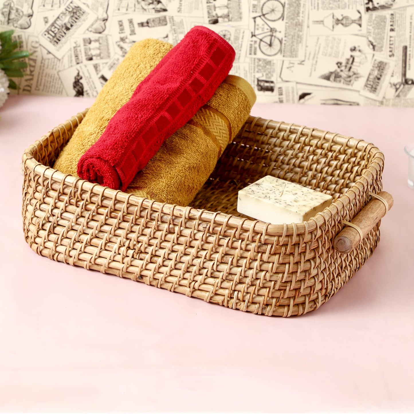 AKWAY Wicker Basket Cloth Storage Basket Bin Organizer For Toiletry Cosmetic Towels Toys Bathroom Organizer Bamboo Basket(Natural; 14 L X 11 W X 4 H Inches) (Beige)(Rattan;Brass) - Akway