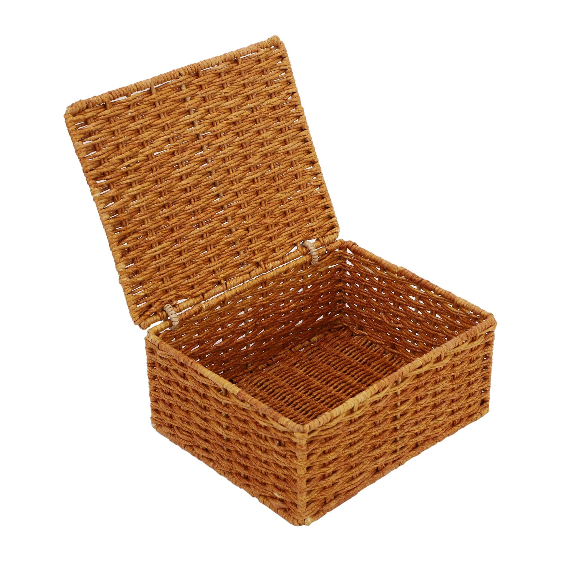 AKWAY wicker water hyacinth kauna grass bamboo cane Storage Basket with Lids Rectangular Handwoven Wicker Organizer Baskets Desktop Storage Box Rattan Container Desk Basket (Brown)(10"L x 8"W x 4"H)- Akway