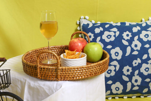 Wicker Serving Tray Round for Dining Table | Rattan Platter with Handles - Anvi
