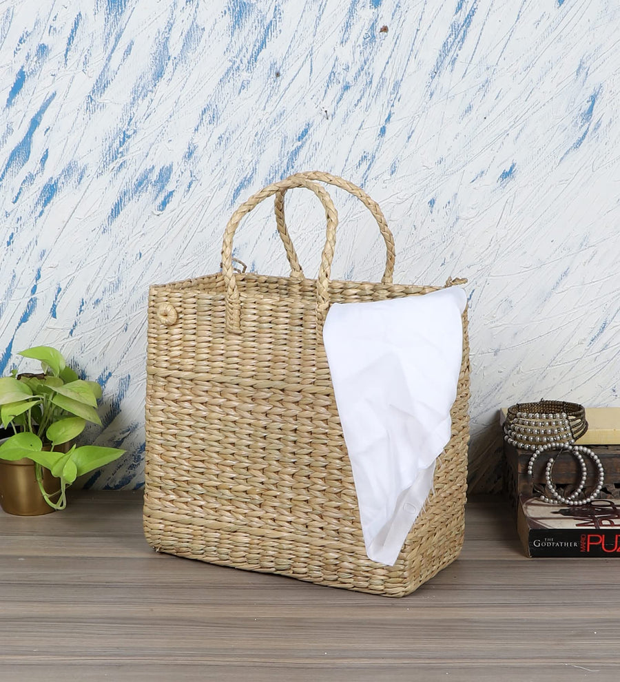 AKWAY Water Reed/Seagrass Storage Basket Picnic Bag - Dry Grass Natural Cane Lunch Bag with Handle, Water Hyacinth Tote for F