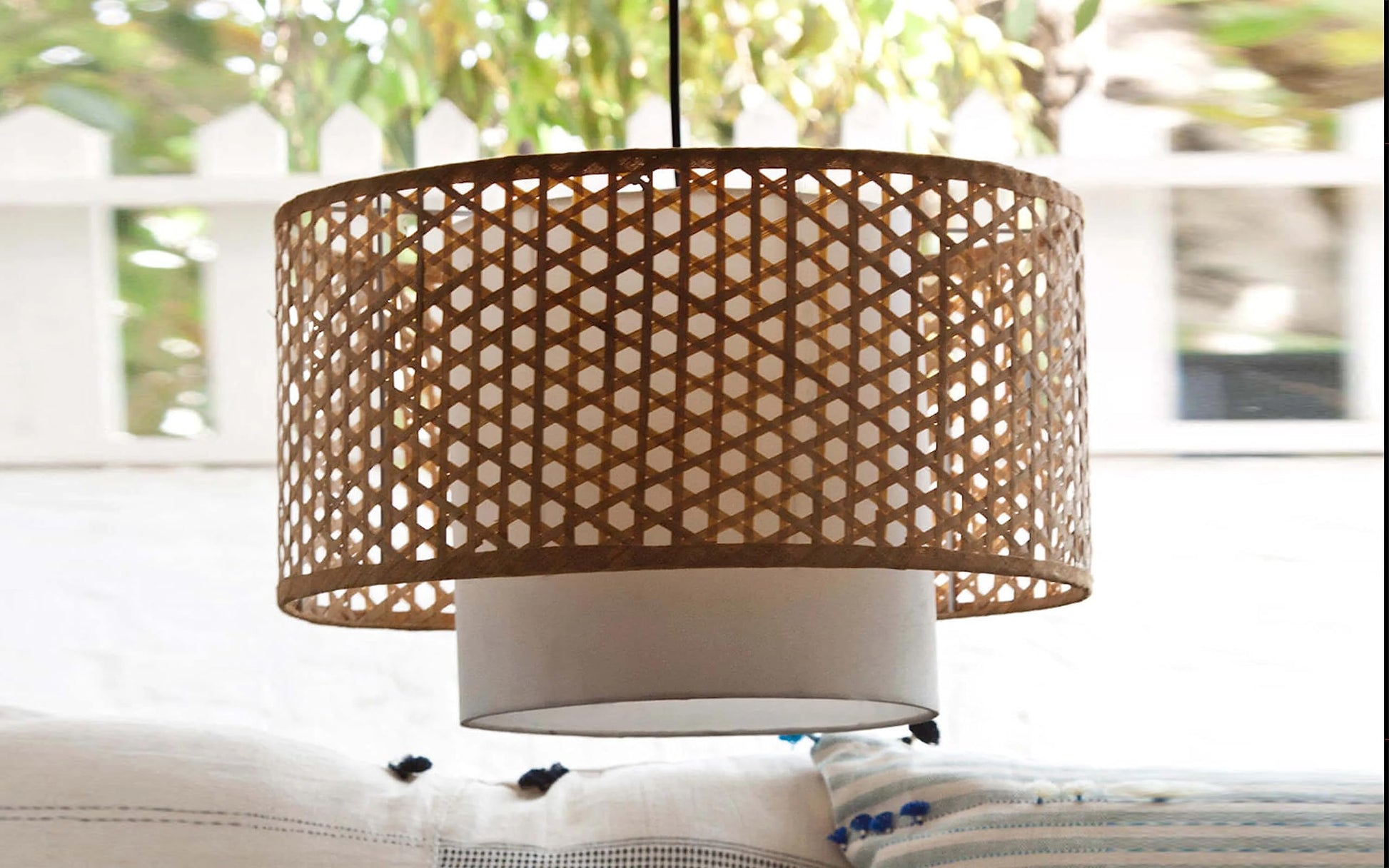 AKWAY Bamboo Lamp for Living Room Cane Pendant Light Rattan lamp for Hanging Bamboo Ceiling lamp for Home Decoration (Beige 12 Dia x 7) - Akway