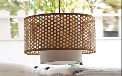 AKWAY Bamboo Lamp for Living Room Cane Pendant Light Rattan lamp for Hanging Bamboo Ceiling lamp for Home Decoration (Beige 12 Dia x 7) - Akway