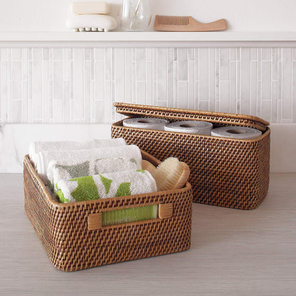 AKWAY Handmade Rattan Wicker Basket (14 L x 10 W x 5 H inch, Beige) - Akway