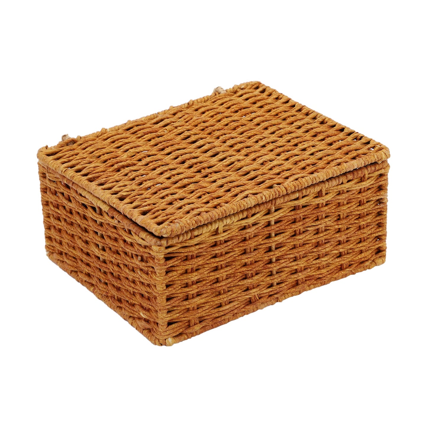 AKWAY wicker water hyacinth kauna grass bamboo cane Storage Basket with Lids Rectangular Handwoven Wicker Organizer Baskets Desktop Storage Box Rattan Container Desk Basket (Brown)(10"L x 8"W x 4"H)- Akway