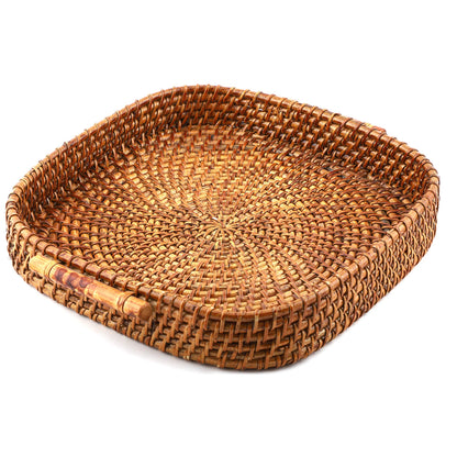 AKWAY Wicker Serving Tray Wooden Serving Tray for home | Dining table decorative trays | Serving tray for party guests | platter with handles Diwali or Deepawali Gifts | 10 x 10 x 2 (Beige) - Akway