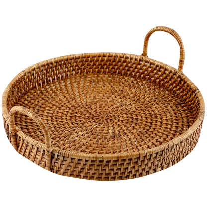AKWAY Wicker Serving Tray Wooden Serving Tray for Home | Dining Table Decorative Trays | Serving Tray for Party Guests | Round Platter with Handles Diwali or Deepawali Gifts (Beige) - Akway