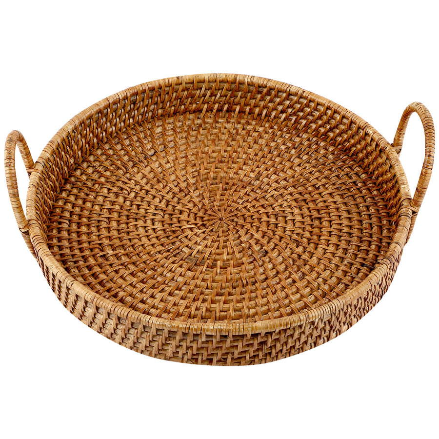 AKWAY Wicker Serving Tray Wooden Serving Tray for Home | Dining Table Decorative Trays | Serving Tray for Party Guests | Round Platter with Handles Diwali or Deepawali Gifts (Beige) - Akway